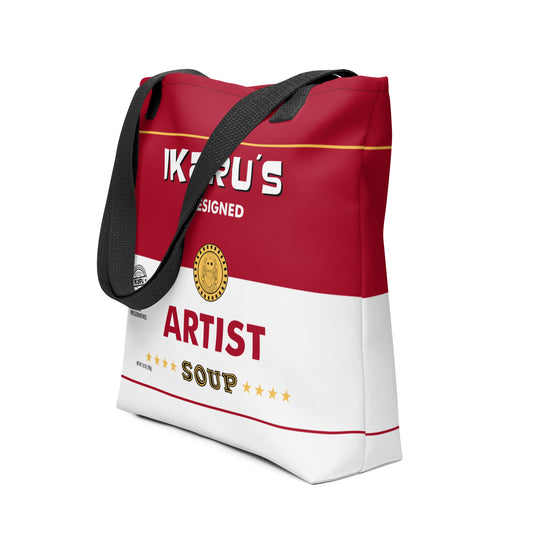 Ikaru Artist Soup Label tote bag, original character all-over print design