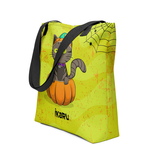 Ikaru Ozzy Cat Halloween tote bag, original character all-over print design