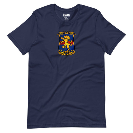 Ikaru Coat of Arms graphic t-shirt in navy, original heraldic character design
