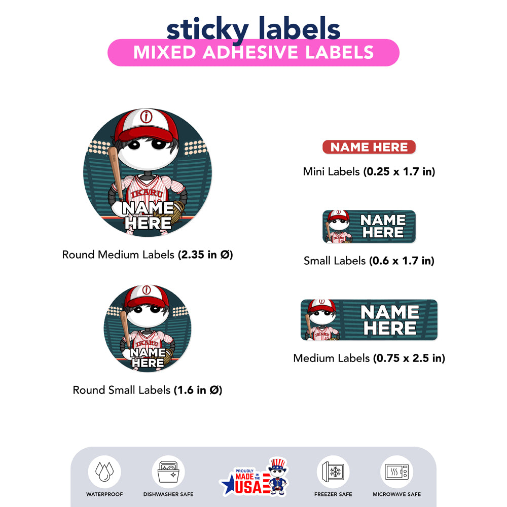 Ikaru Baseball personalized name label sheet, original character design
