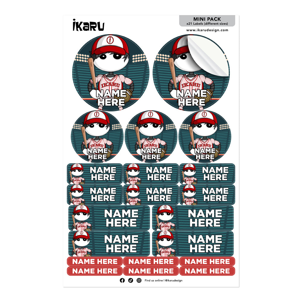 Ikaru Baseball personalized name label sheet, original character design
