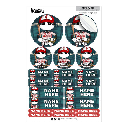 Ikaru Baseball personalized name label sheet, original character design
