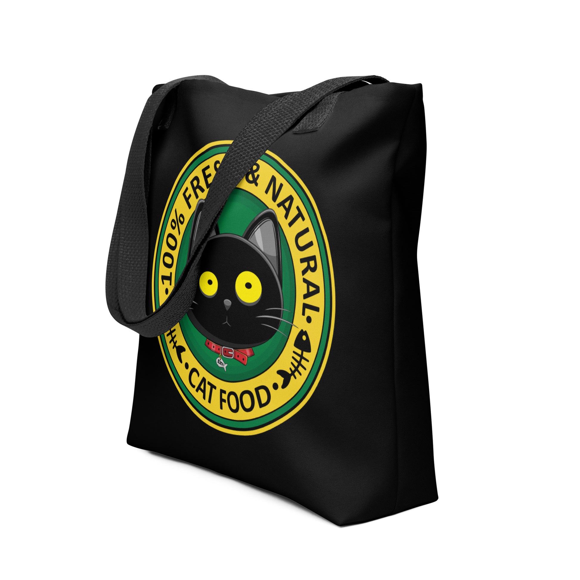  Ikaru Blacky Cat fresh Food tote bag, original character all-over print design