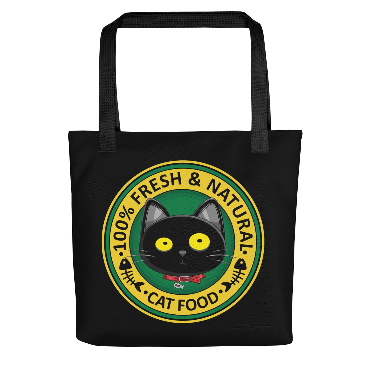  Ikaru Blacky Cat fresh Food tote bag, original character all-over print design