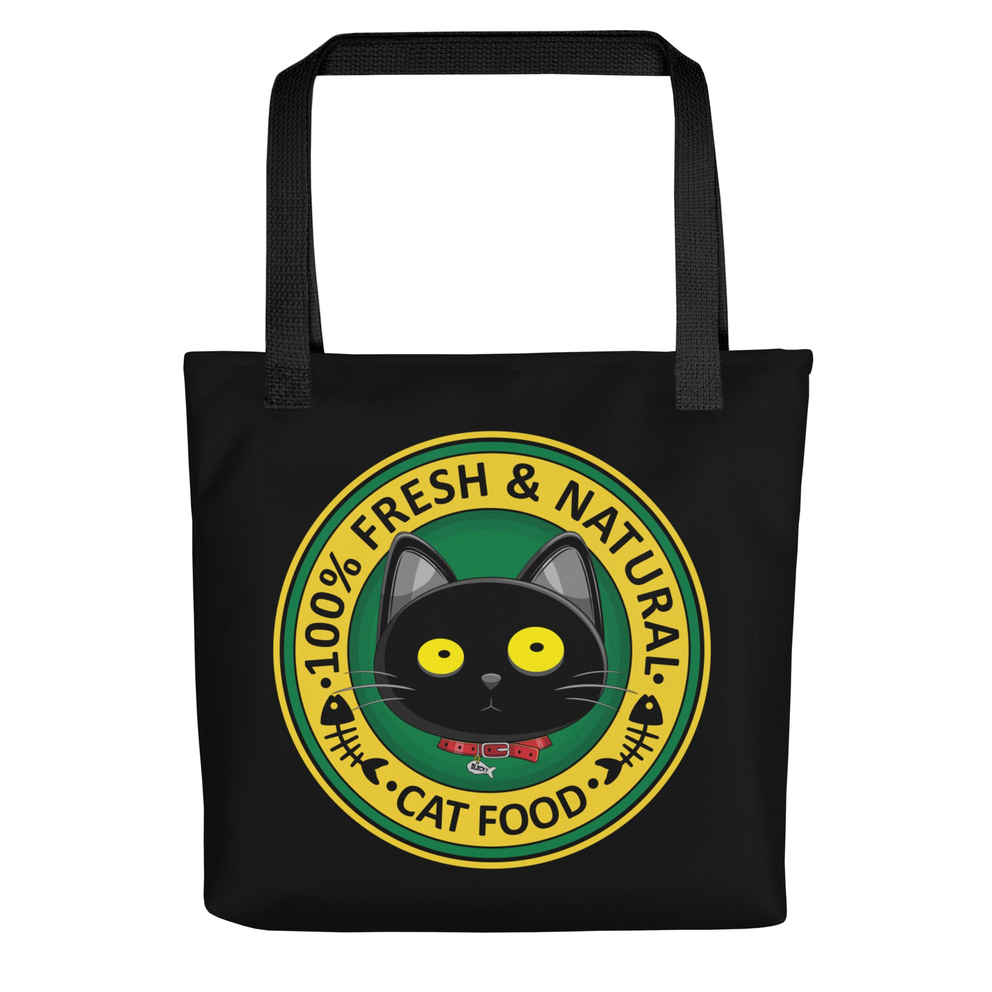  Ikaru Blacky Cat fresh Food tote bag, original character all-over print design
