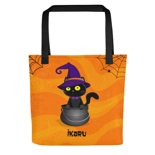 Ikaru Blacky cat Halloween tote bag, original character all-over print design