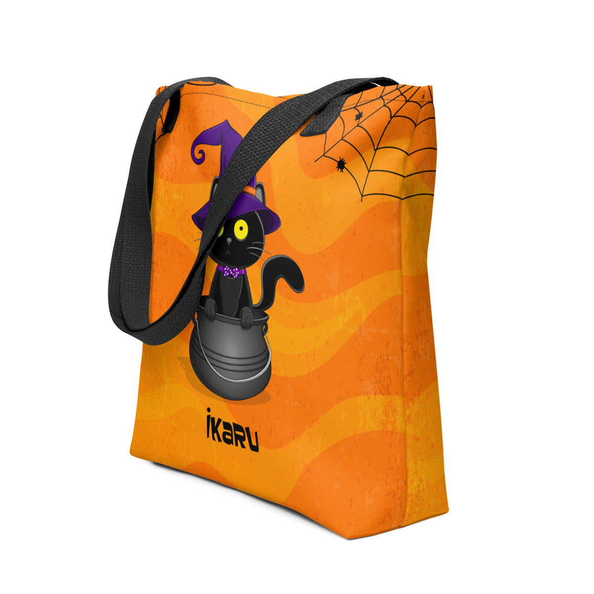 Ikaru Blacky cat Halloween tote bag, original character all-over print design