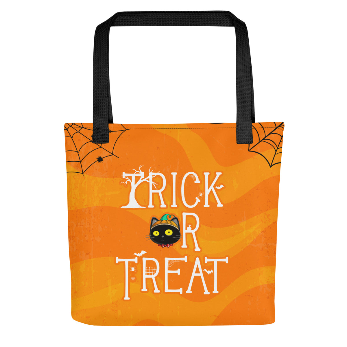 Ikaru Blacky cat Halloween tote bag, original character all-over print design