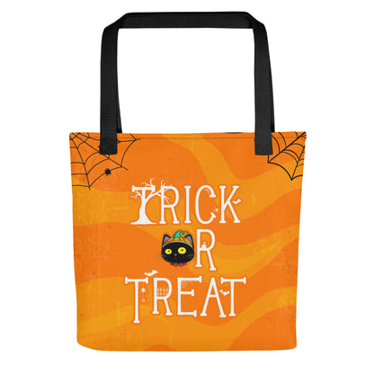 Ikaru Blacky cat Halloween tote bag, original character all-over print design