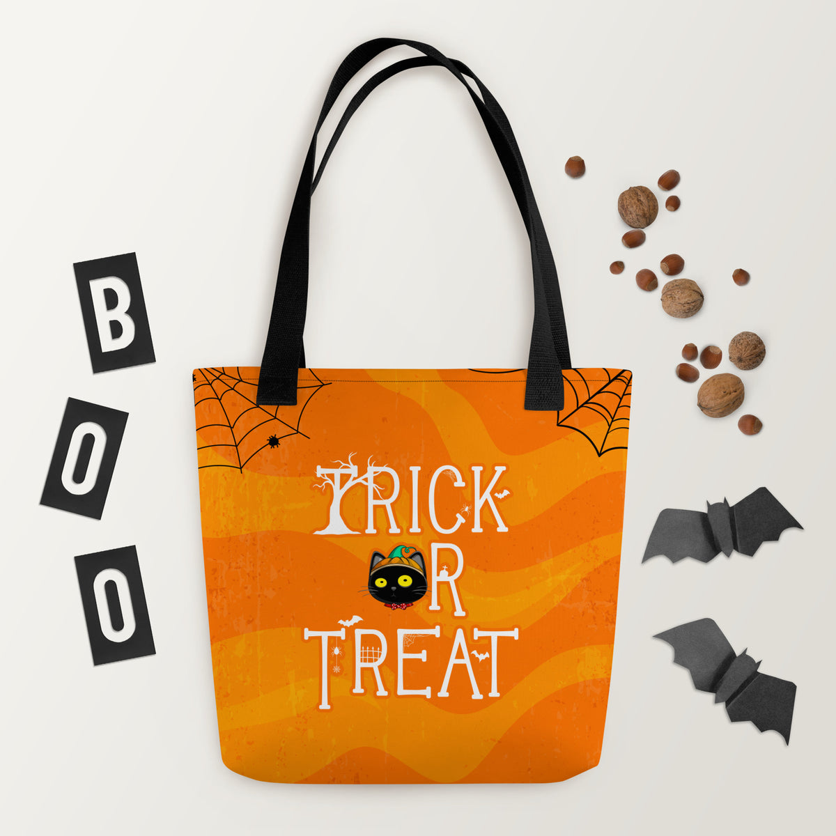 Ikaru Blacky cat Halloween tote bag, original character all-over print design