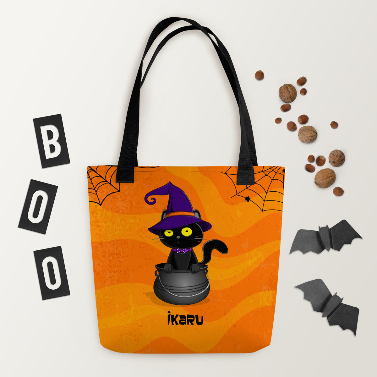 Ikaru Blacky cat Halloween tote bag, original character all-over print design