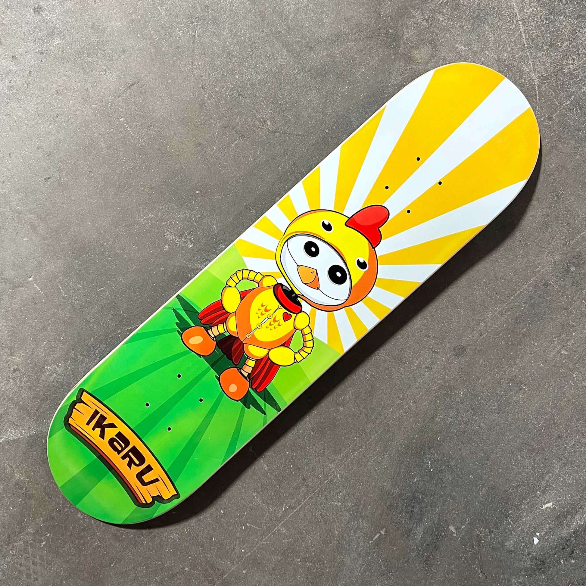 Ikaru Chicken skateboard deck, original character design, 7-ply Canadian maple