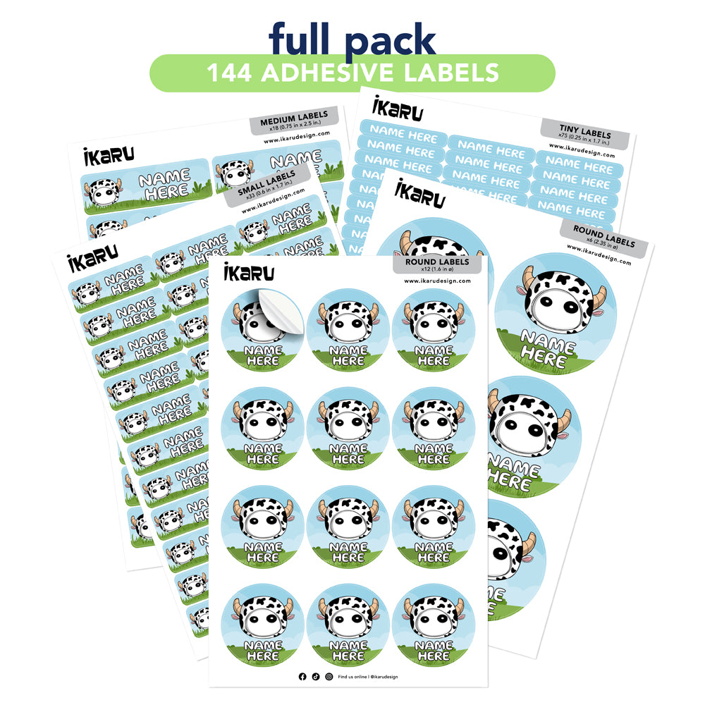 Ikaru Cow personalized name label sheet, original character design