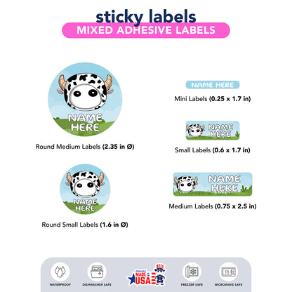 Ikaru Cow personalized name label sheet, original character design