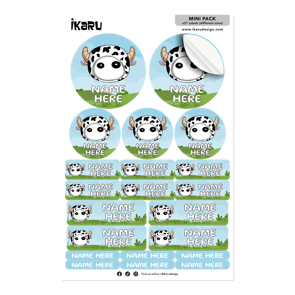 Ikaru Cow personalized name label sheet, original character design