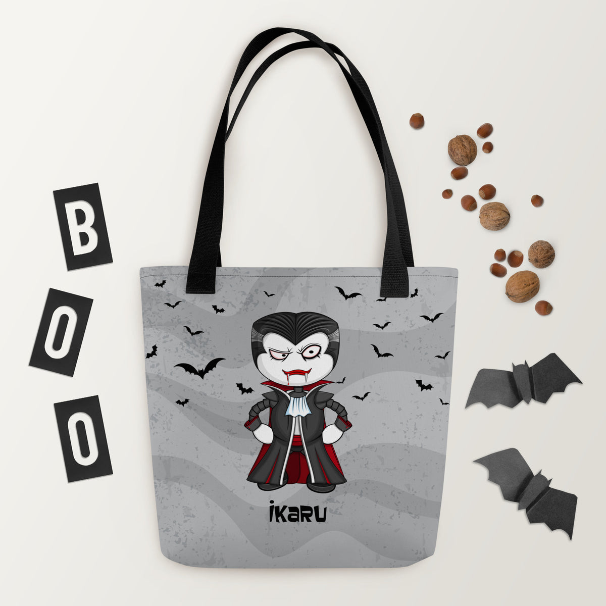 Ikaru Dracula tote bag, original character all-over print design