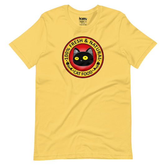  Ikaru Fresh and Natural Cat Food graphic t-shirt, original pop art design