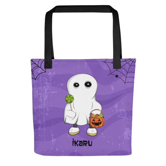 Ikaru Ghost Halloween tote bag, original character all-over print design