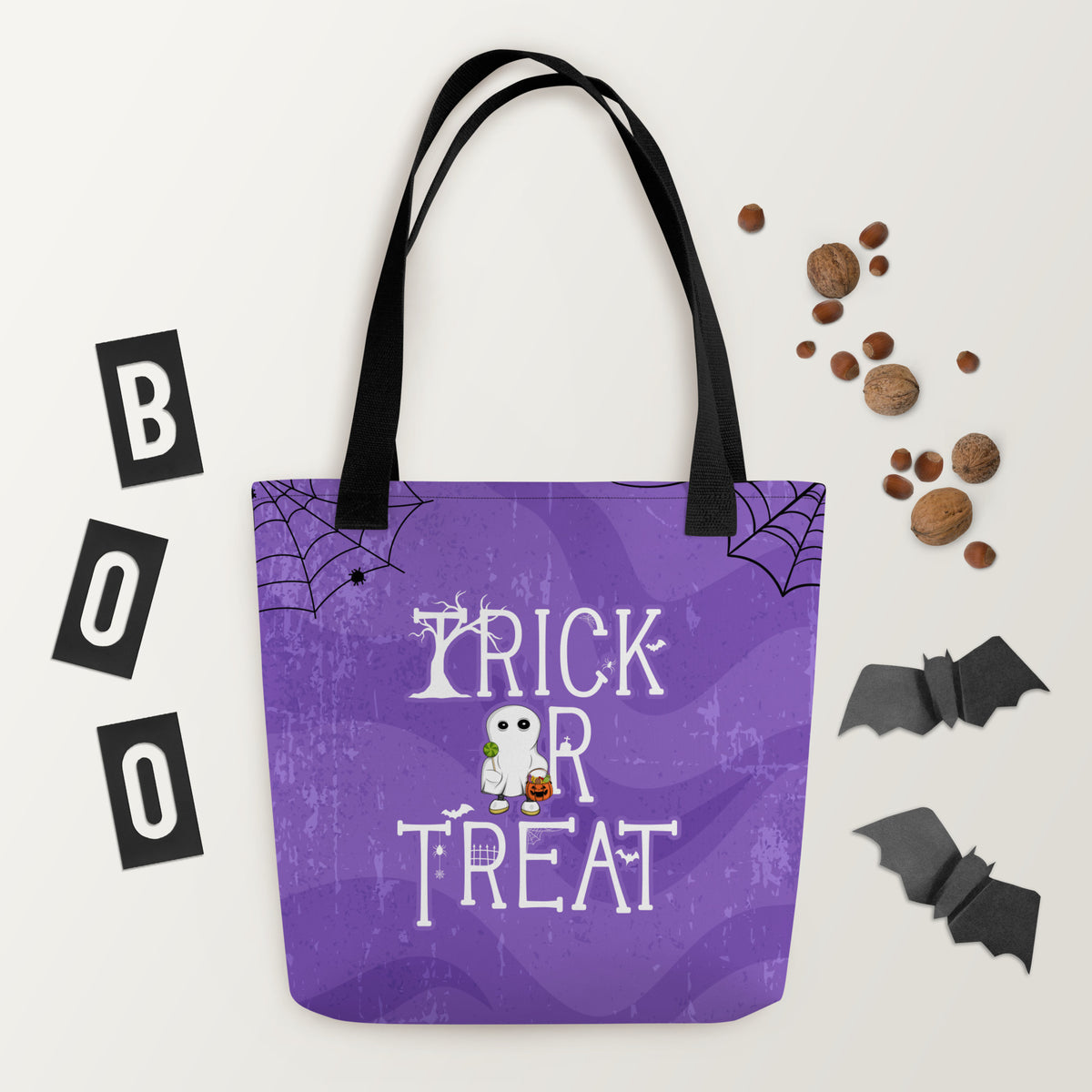 Ikaru Ghost Halloween tote bag, original character all-over print design