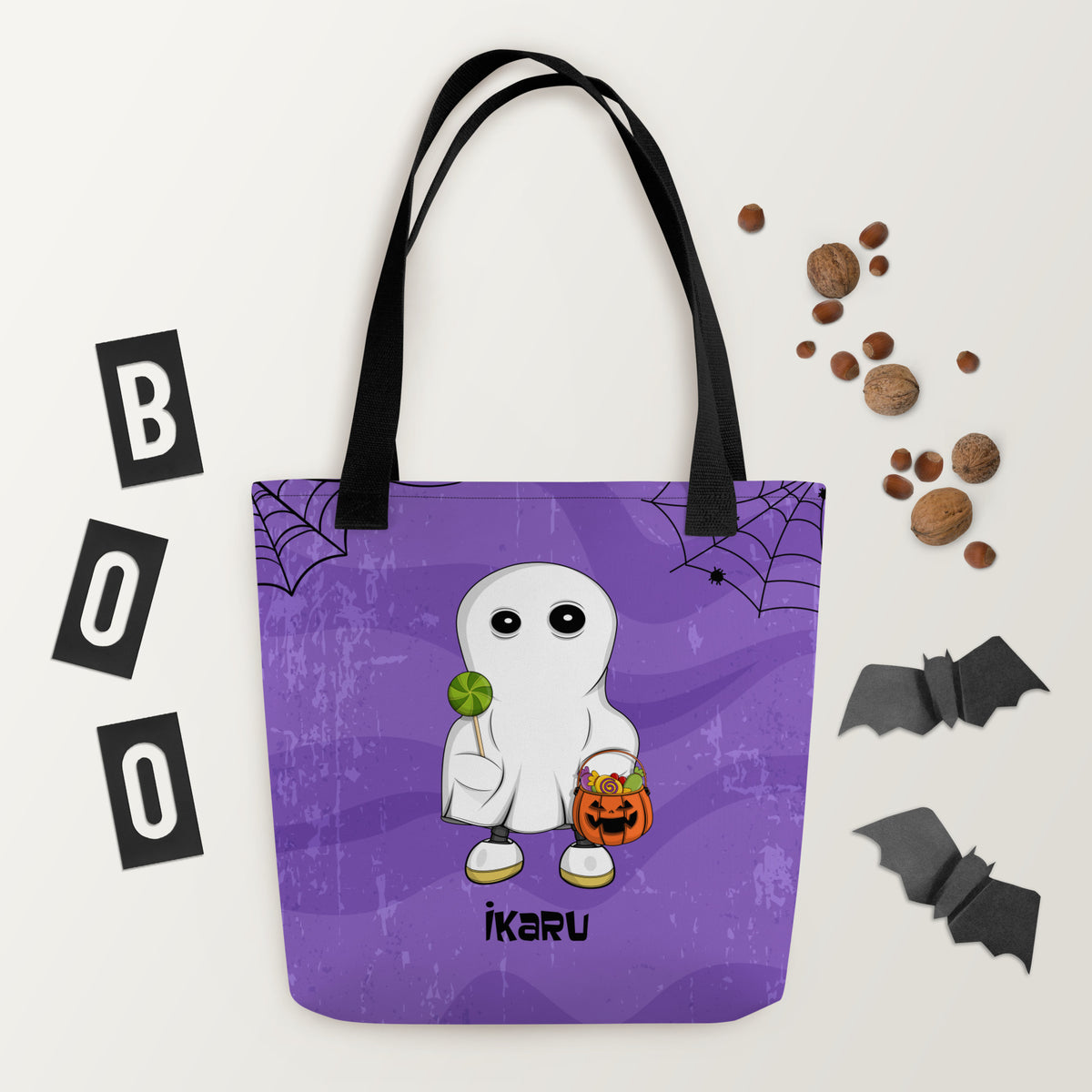 Ikaru Ghost Halloween tote bag, original character all-over print design