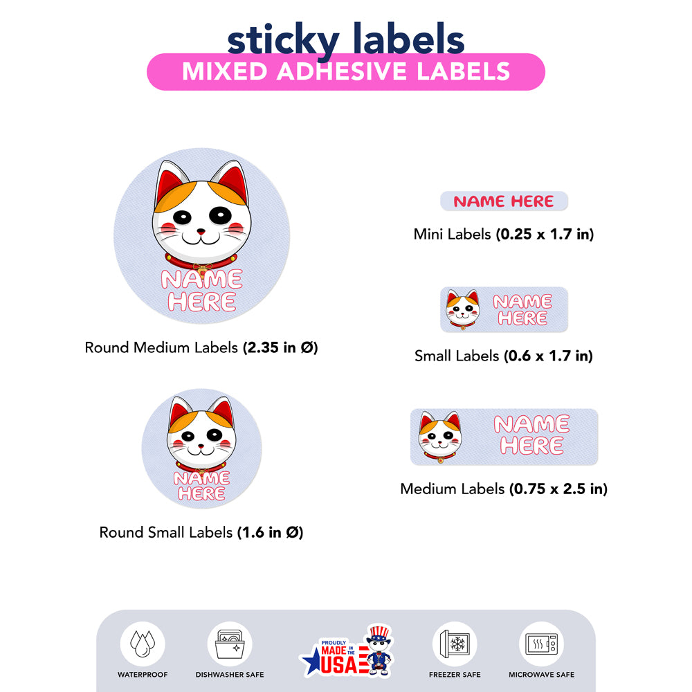 Ikaru Lucky Cat personalized name label sheet, original character design