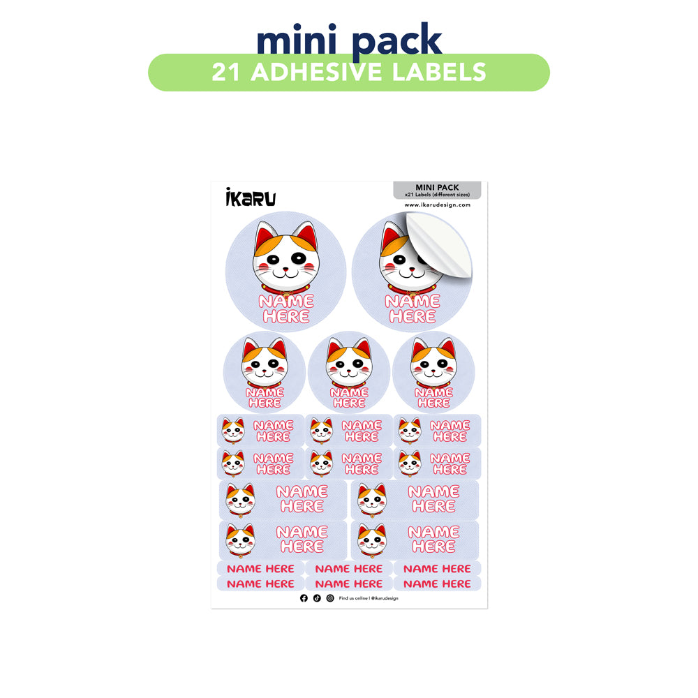 Ikaru Lucky Cat personalized name label sheet, original character design