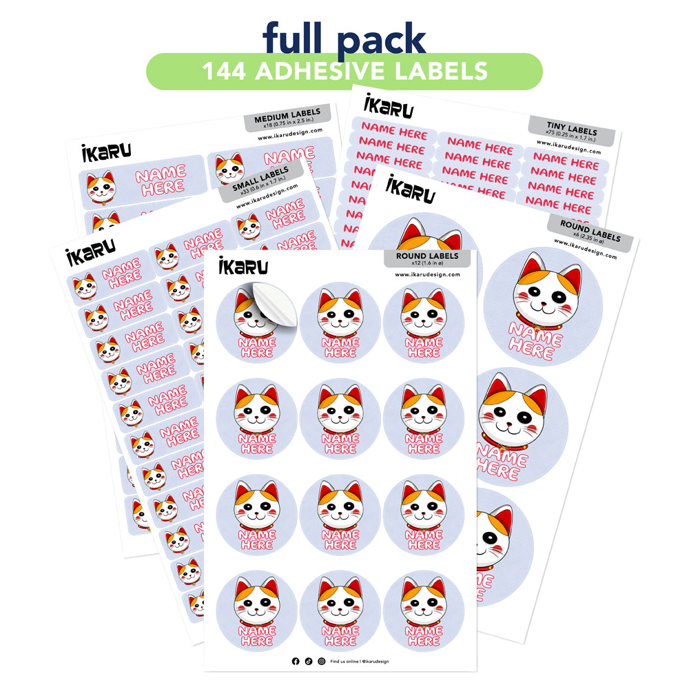 Ikaru Lucky Cat personalized name label sheet, original character design