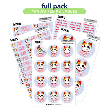 Ikaru Lucky Cat personalized name label sheet, original character design