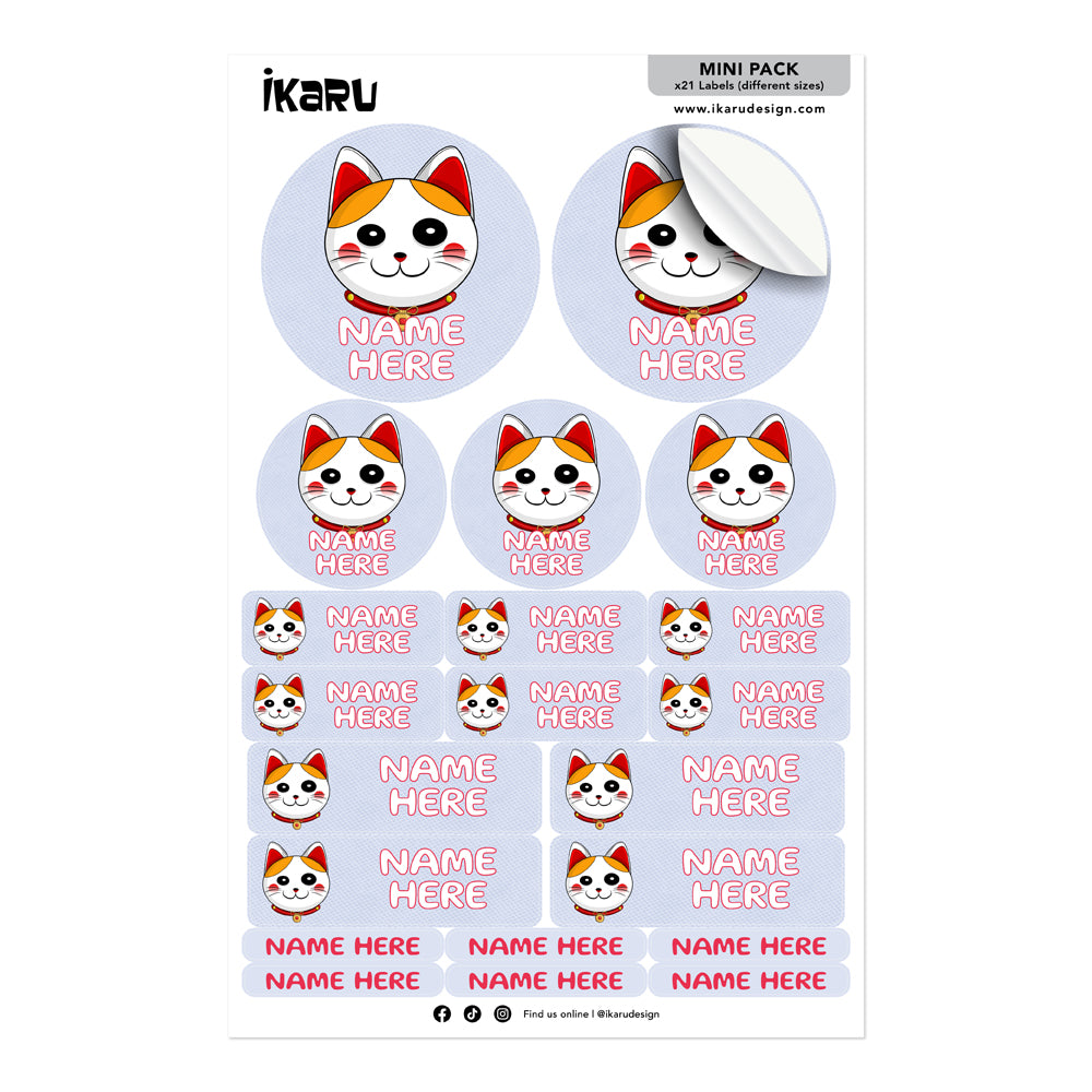 Ikaru Lucky Cat personalized name label sheet, original character design