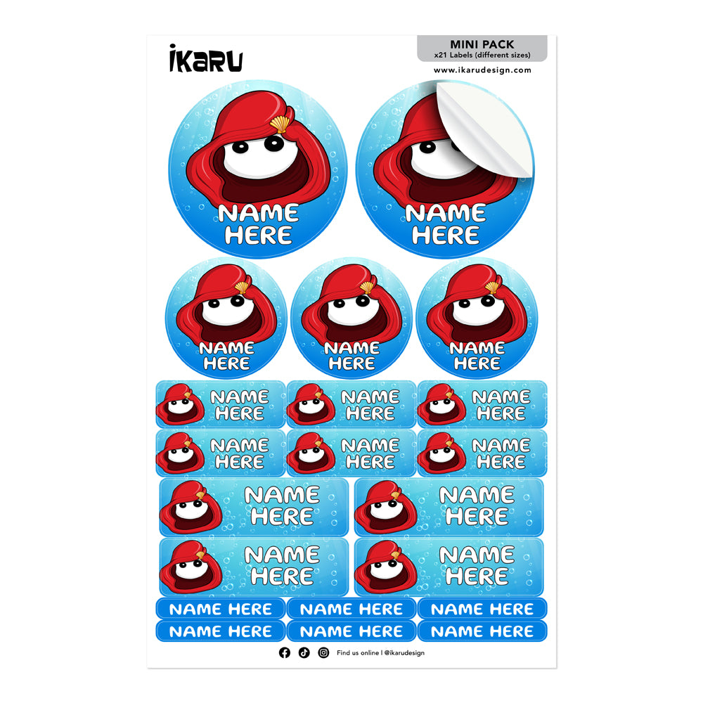 Ikaru Mermaid personalized name label sheet, original character design