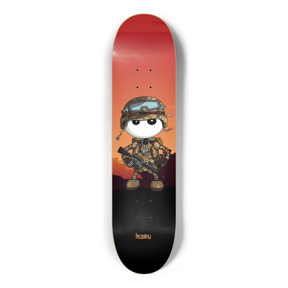 Ikaru Military skateboard deck, original character design, 7-ply Canadian maple