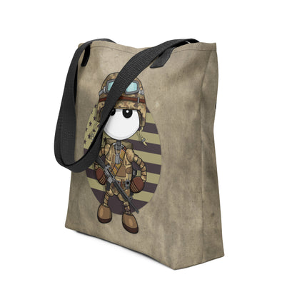 Ikaru Military tote bag, original character all-over print design