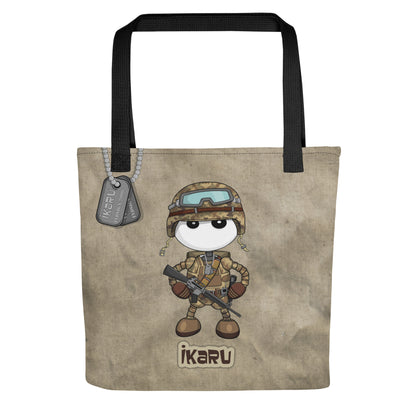 Ikaru Military tote bag, original character all-over print design