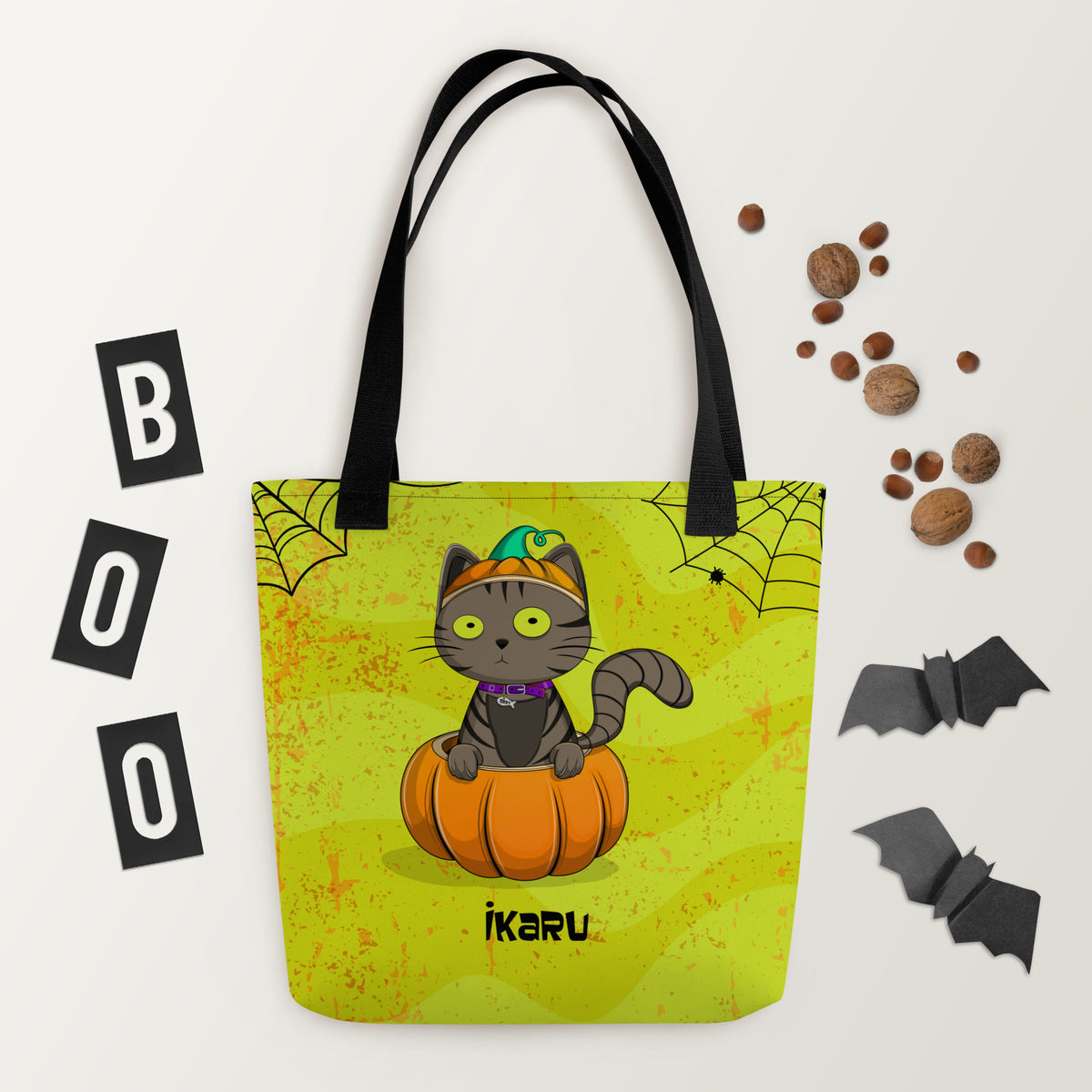  Ikaru Ozzy Cat Halloween tote bag, original character all-over print design