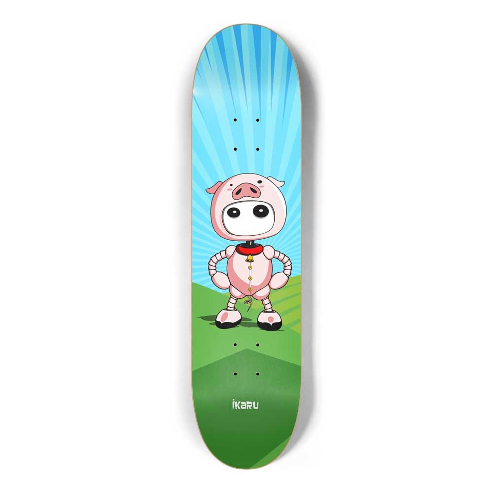 Ikaru Piggy skateboard deck, original character design, 7-ply Canadian maple