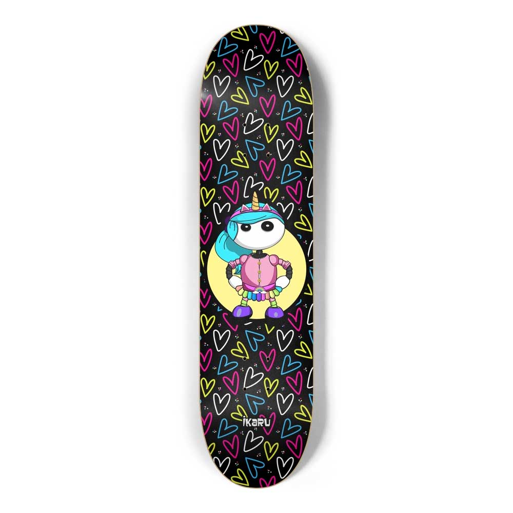 Ikaru Rainbow Girl skateboard deck, original character design, 7-ply Canadian maple