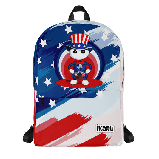 Ikaru USA backpack, original character all-over print design