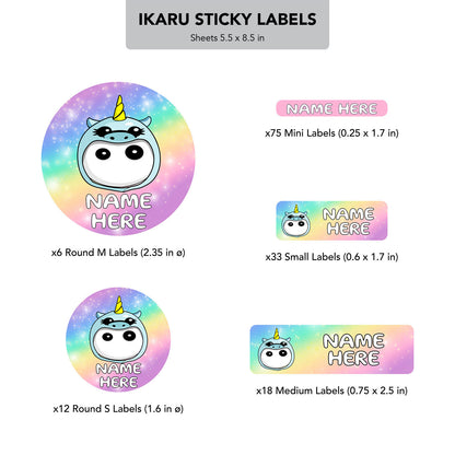 Ikaru Unicorn Sticky Labels sizes