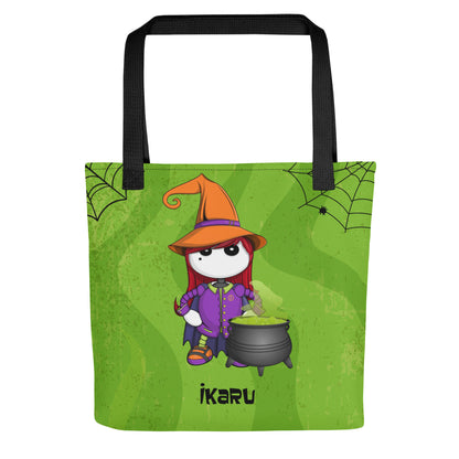 Ikaru Witch Halloween tote bag, original character all-over print design