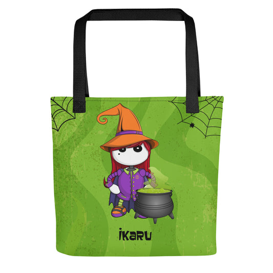 Ikaru Witch Halloween tote bag, original character all-over print design