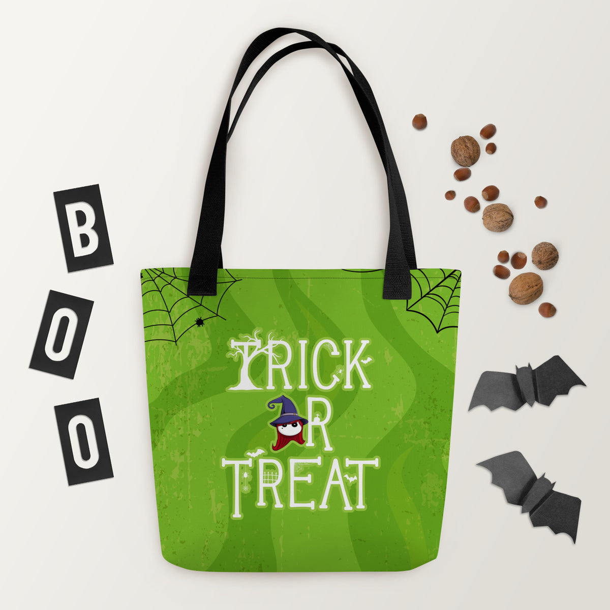 Ikaru Witch Halloween tote bag, original character all-over print design