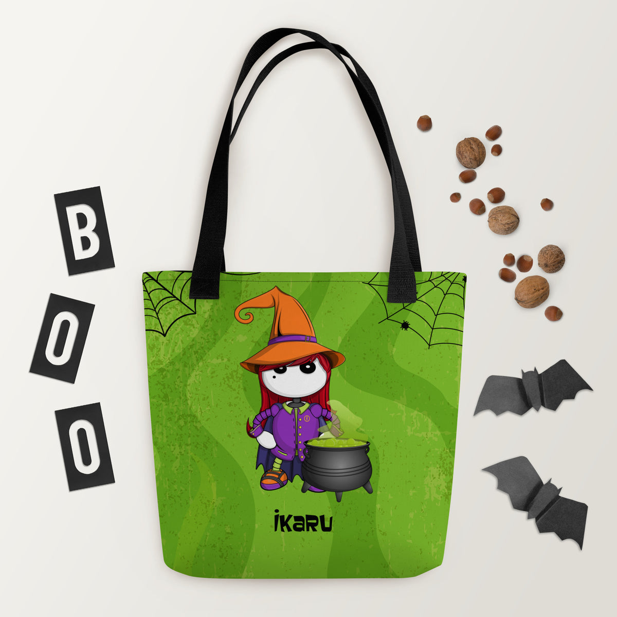 Ikaru Witch Halloween tote bag, original character all-over print design