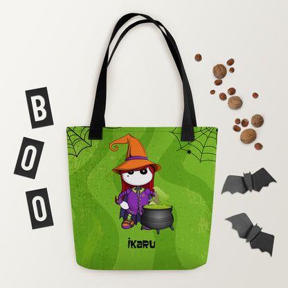 Ikaru Witch Halloween tote bag, original character all-over print design