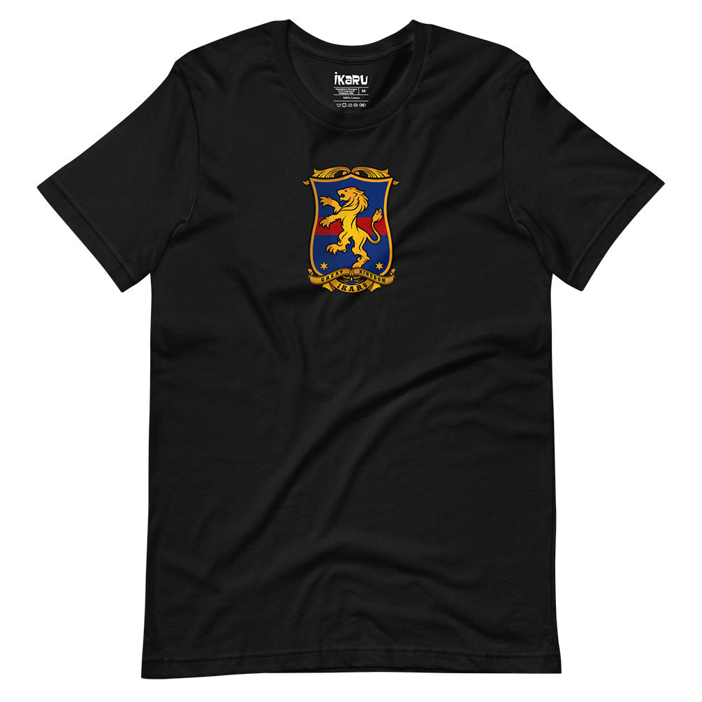 Ikaru Coat of Arms graphic t-shirt in black, original heraldic character design