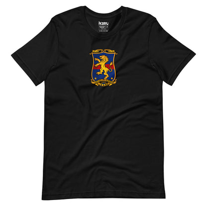 Ikaru Coat of Arms graphic t-shirt in black, original heraldic character design