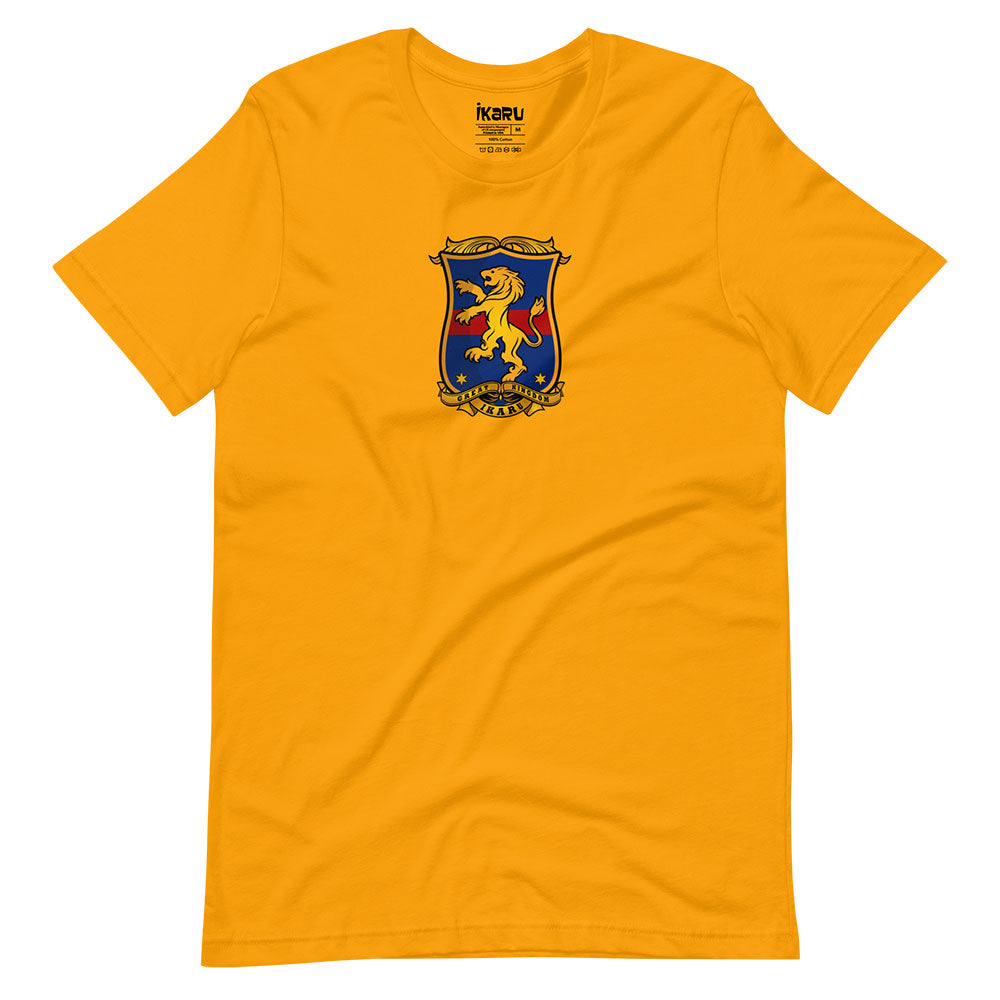 Ikaru Coat of Arms graphic t-shirt in gold, original heraldic character design