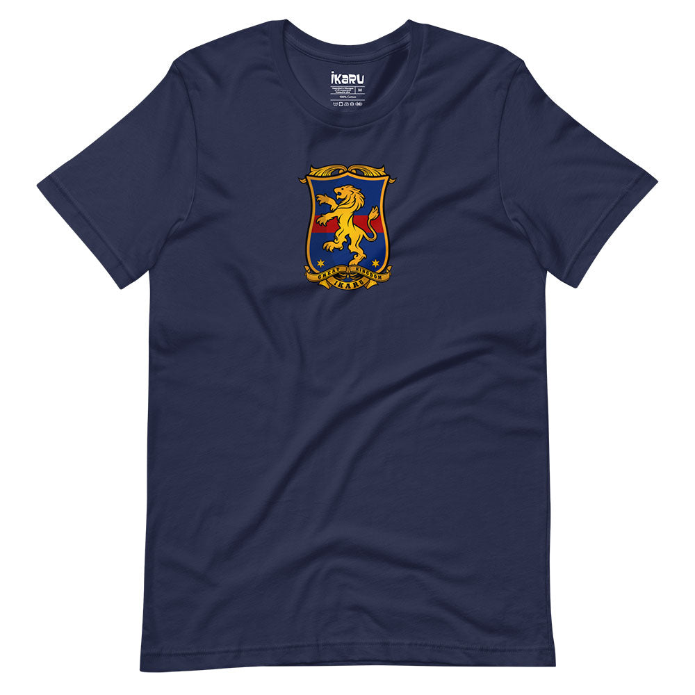 Ikaru Coat of Arms graphic t-shirt in navy, original heraldic character design