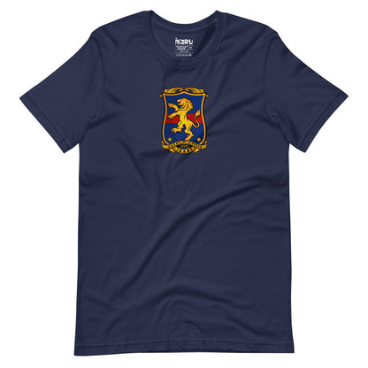 Ikaru Coat of Arms graphic t-shirt in navy, original heraldic character design