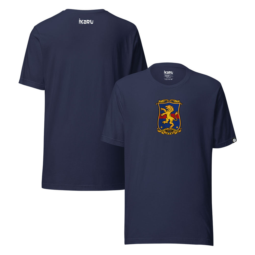 Ikaru Coat of Arms graphic t-shirt in navy, original heraldic character design