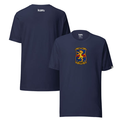 Ikaru Coat of Arms graphic t-shirt in navy, original heraldic character design